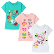 HILEELANG Little Girl Short Sleeve Tees Summer Pink White Green Flowers Cotton Tops Shirts 3 Packs Size 8
